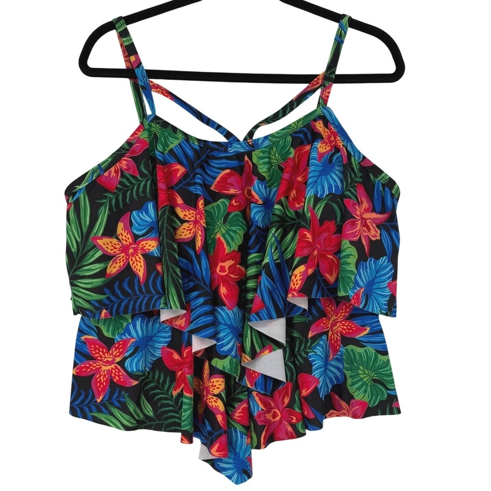 Tropical Floral Tiered Ruffle Tankini Swim Top Black Multi 3XL